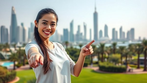 Smiling woman highlighting 'Live & Work in Qatar' benefits in cityscape.