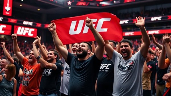 Enthusiastic crowd at UFC Fight Night Tsarukyan vs Hooker, waving flag.