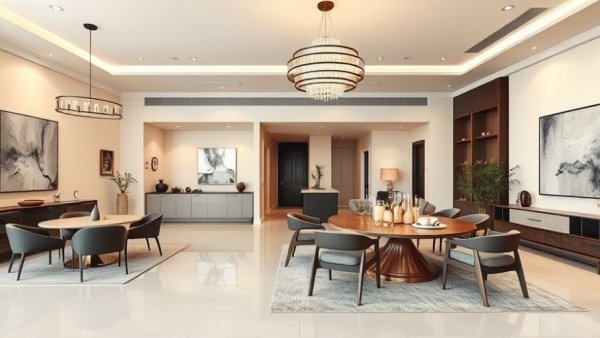 Stylish open living room and dining combo design with modern decor.