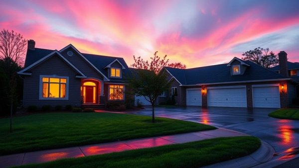 Suburban home at twilight showcasing home renovation ideas.
