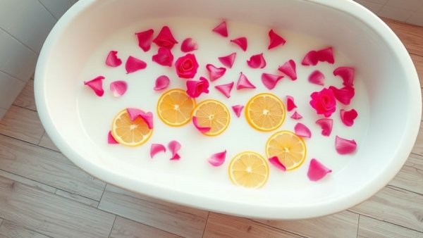 Relaxing milk bath with rose petals and citrus slices in a tub.