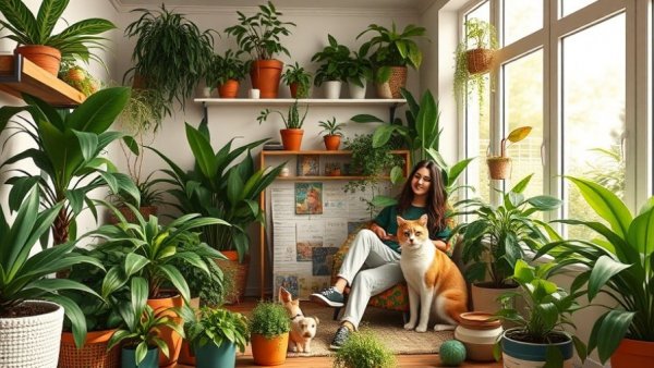 Pet friendly houseplants in a cozy indoor garden setting.