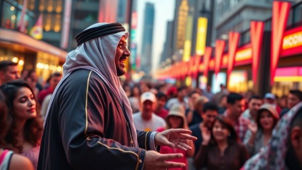 Energetic performer in Arab attire at Arab Cup Fan Zone 2025 amidst lively festivities.