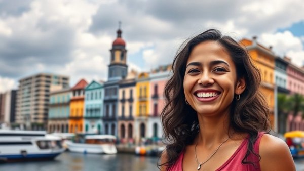 Smiling woman promoting moving to Panama with historic buildings in the background.