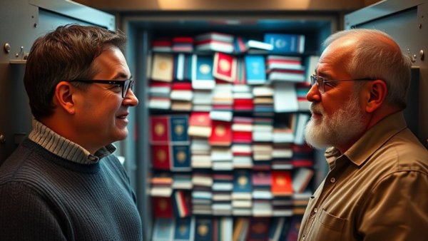 Men discuss second passports for retirees and digital nomads in a vault.