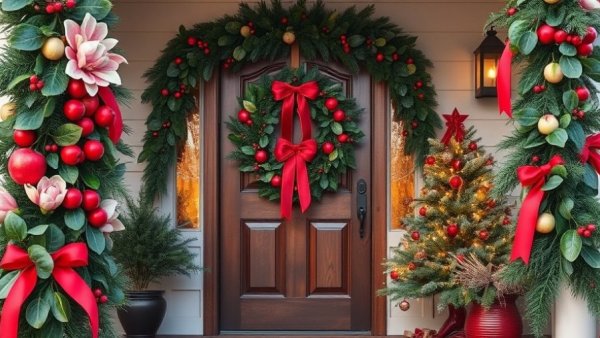 Festive Christmas front porch with wreath and garland ideas.