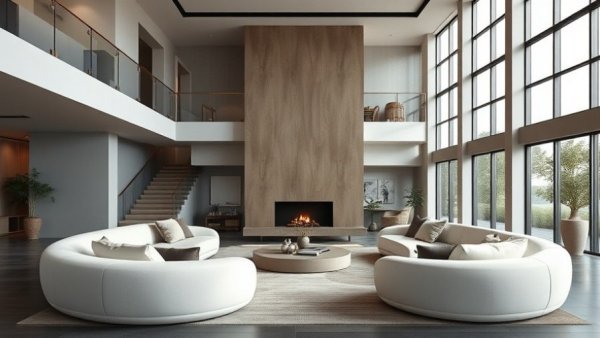 Modern 2026 living room design with elegant sofas and fireplace.