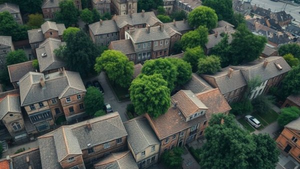 Aerial view of historic stone terraced houses, highlighting suburban migration trends.