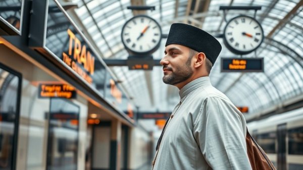 Man in traditional attire at Qatar Saudi Arabia high-speed electric rail station.