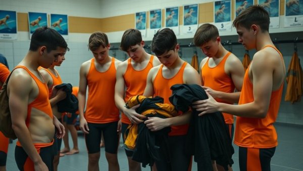 Young swimmers organizing gear in locker room at US Open