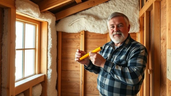 Expert demonstrating shed insulation tips with foam application.