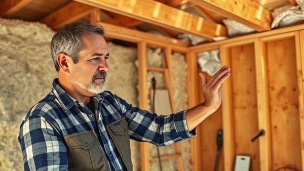 Middle-aged man insulating shed wall, demonstrating techniques.