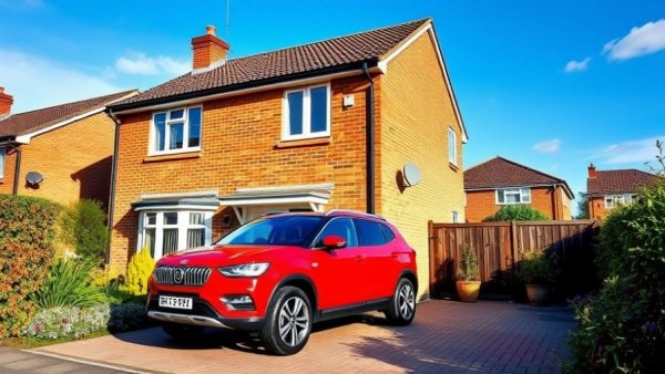 Brick semi-detached house with red SUV illustrating benefits of using an expat mortgage broker.