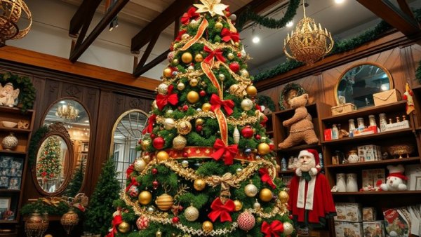 Elaborate Christmas tree display in a cozy shop, showcasing Christmas decorating ideas.