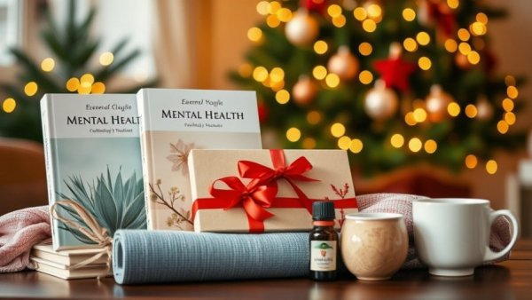 Assorted mental health gifts including books, yoga mat, and aromatherapy items in a festive setting.