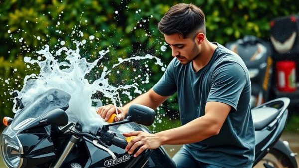 Man winterizing a motorcycle by washing it with soapy water.