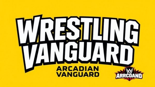 Bold wrestling-themed logo on yellow background with Arcadian Vanguard.