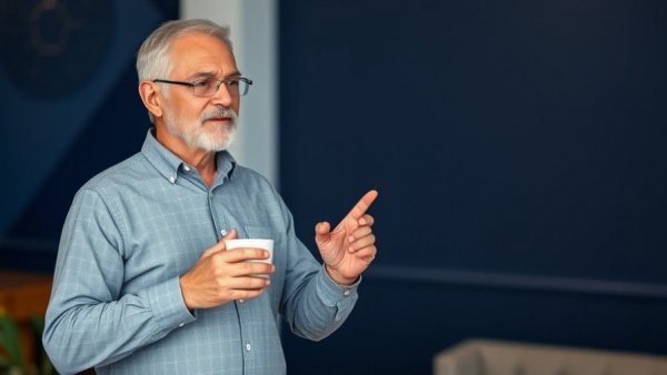 Middle-aged man discussing healthier meats indoors.