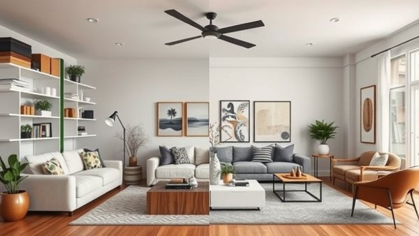 Contrasting living room with design mistakes and improvements, illustrating design mistakes that make your home look cheap.