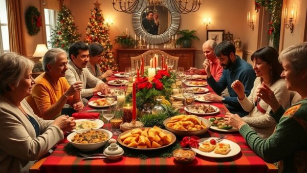 Festive table with favorite holiday recipes and decor.