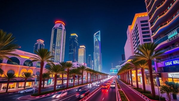 Night view of illuminated Lusail Boulevard, vibrant cityscape.