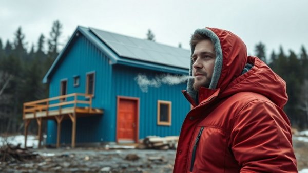 Person in red jacket by building with solar panels, showcasing solar heating solutions.