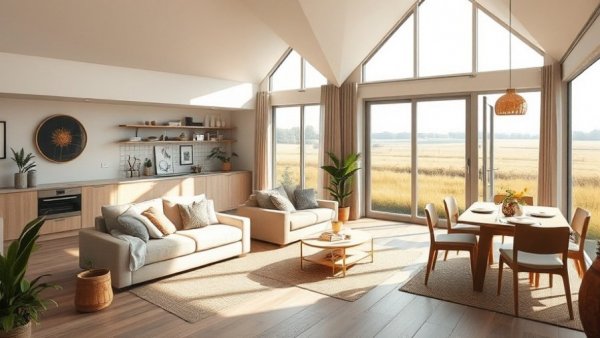 Open concept living room and dining room with modern decor and large windows.