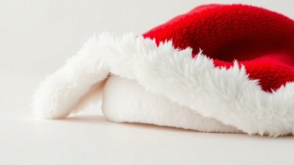 Fluffy Santa hat with white trim on white surface; festive item for airport hold-ups.