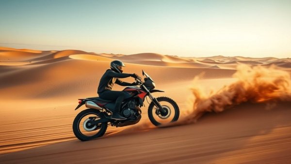Qatar Off-Road Championship results: motorcyclist racing through sand dunes.