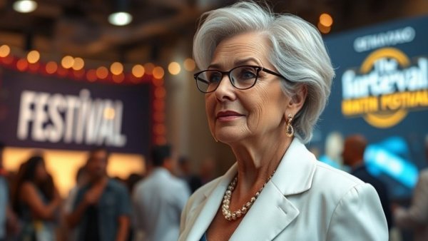 Elegant woman at Doha Film Festival 2025, wearing all-white against branded wall.