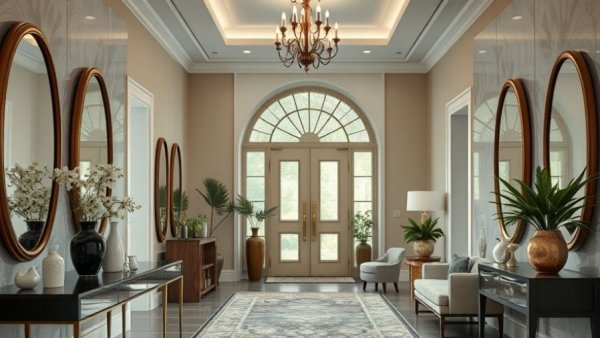 Variety of stylish entryway decor ideas with mirrors and plants.