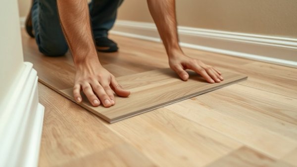 Person repairing laminate flooring, fitting planks in place.