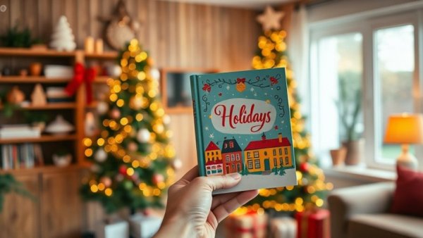 Holiday gift ideas: Festive book in front of Christmas tree.