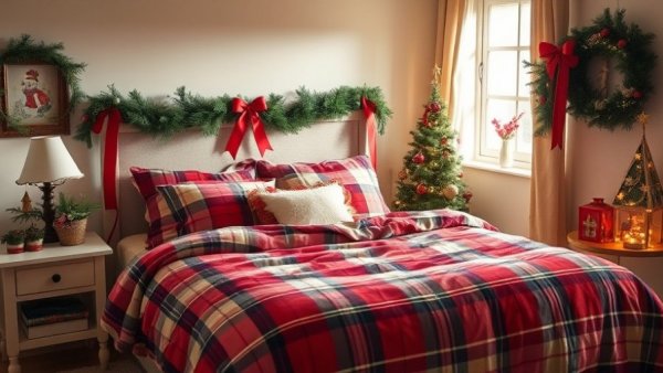 Cozy Christmas-themed bedroom with plaid decor and festive touches.