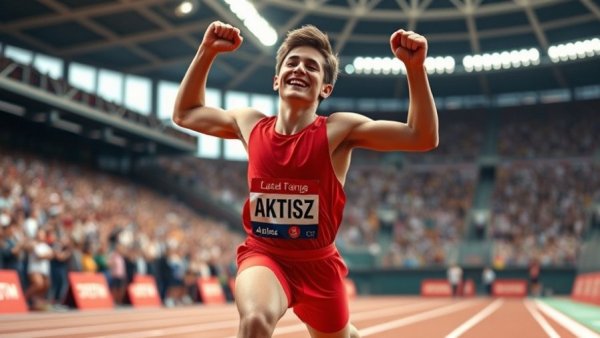 Dynamic young sprinter celebrating in a stadium, World's Fastest Teen Sprinter.