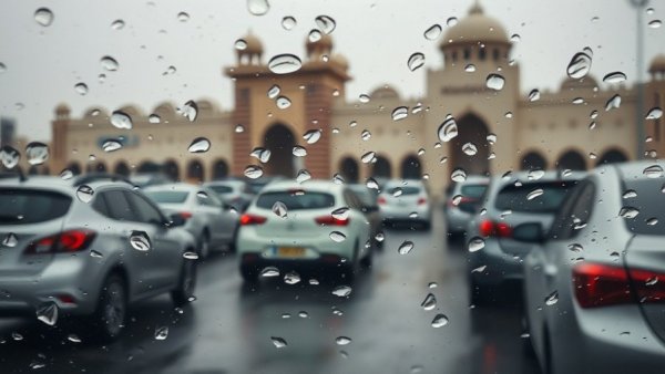Rainy Doha traffic during Qatar Department of Meteorology weather warning.
