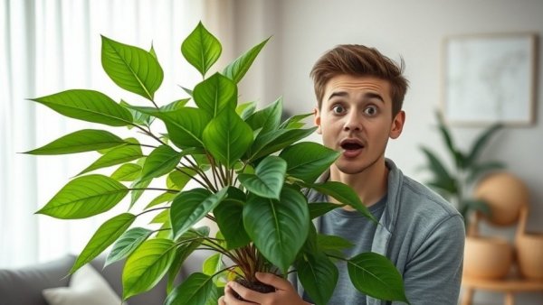 Surprised person with a money tree discussing brown leaves, indoor.