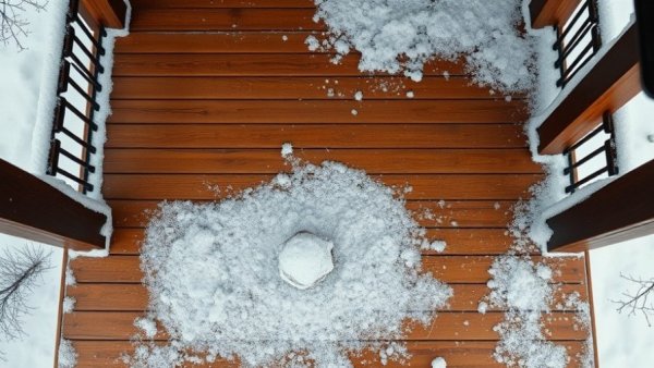 Durable wooden porch in snow, emphasizing longevity and craftsmanship.