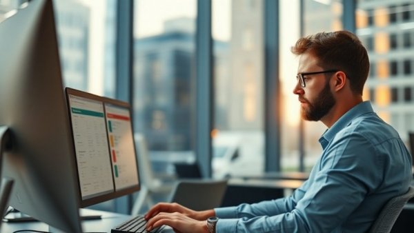 Professional managing individual subscriptions on desktop in modern office.