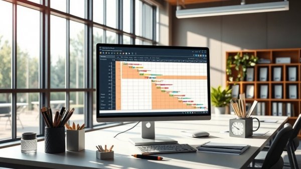 Modern office with computer displaying colorful Gantt chart for project scheduling.