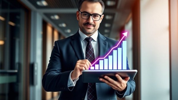 Cost estimating best practices presentation with businessman in suit and graph.