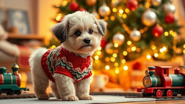 Adorable dog by a Christmas tree with Shiny Brite ornaments.