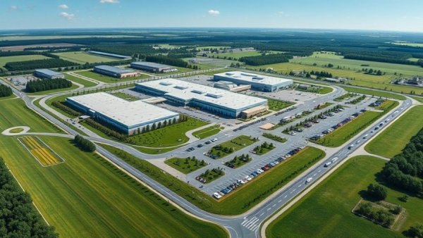 Aerial view of Eli Lilly weight-loss drug factory with green surroundings.