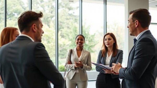 Business meeting in a sustainable building showcasing modern design.