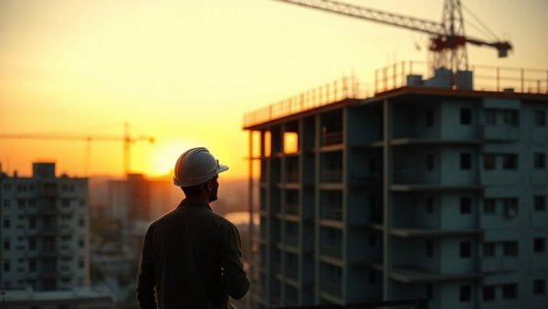 Silhouette of worker at construction site during sunset.