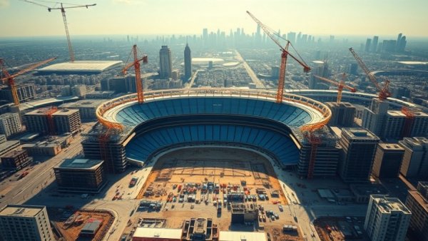 Aerial view showcasing construction project milestones of a large stadium in an urban setting.