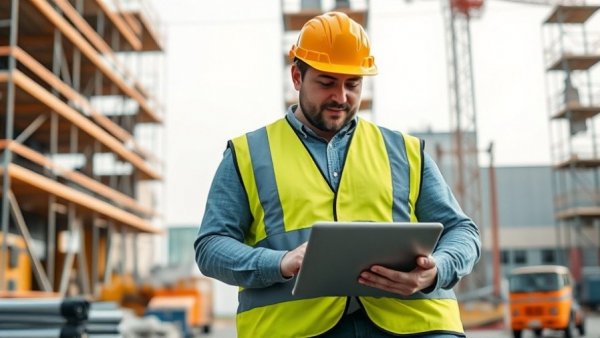 Construction professionals using laptop on site, illustrating AI adoption in construction.
