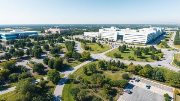 Aerial view of Eli Lilly weight-loss drug factory with greenery.