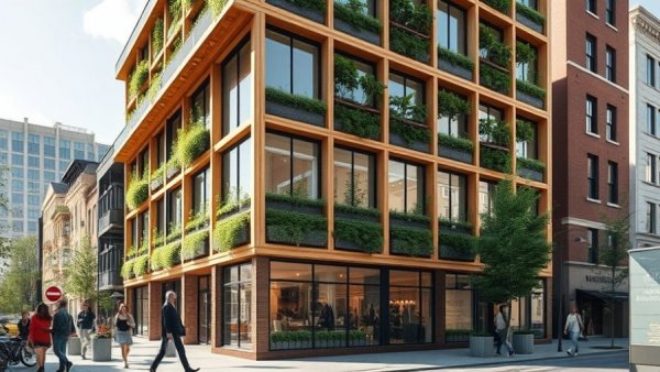 Modern building demonstrating mass timber construction with a green facade.