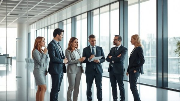 Business team assessing sustainable office design in modern space.